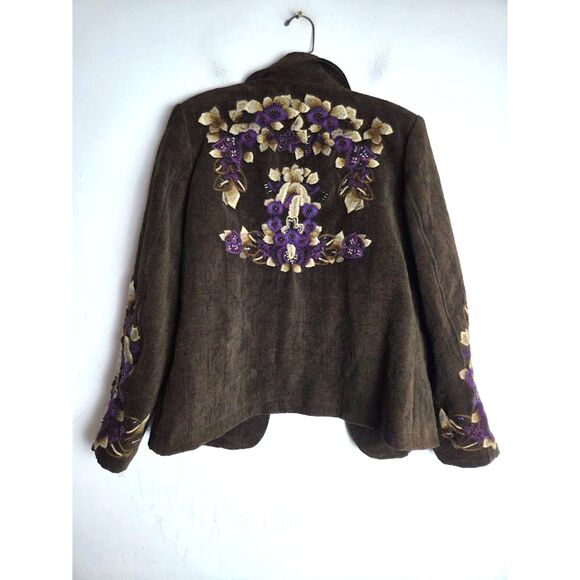 NWT Coldwater Creek Brown w/Purple Floral Embroidery Corduroy Jacket sz 12 - Picture 2 of 9